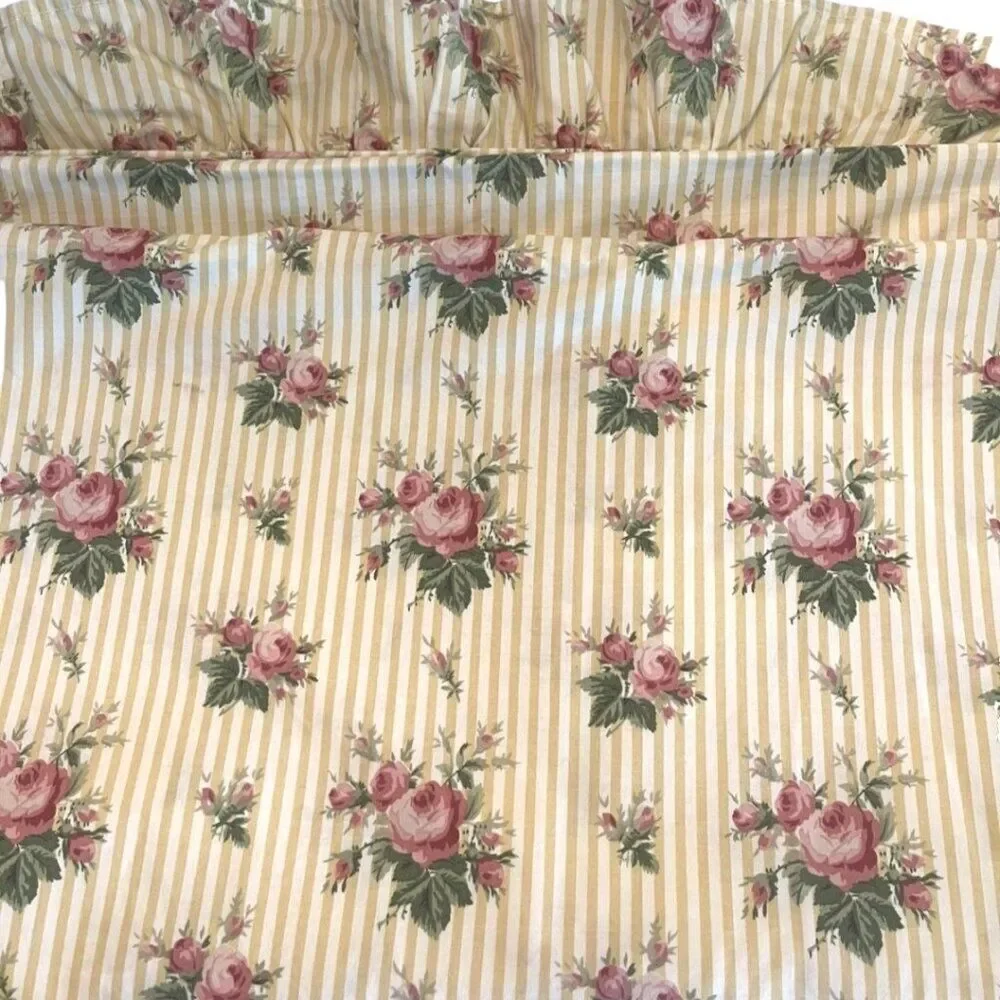 Ralph Lauren Sophie Brooke Floral Yellow Stripe Ruffled Queen Flat Sheet
